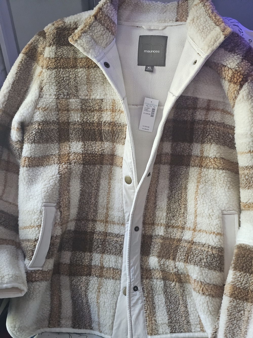 Maurices Cream & Brown Plaid Sherpa Jacket - Women XL